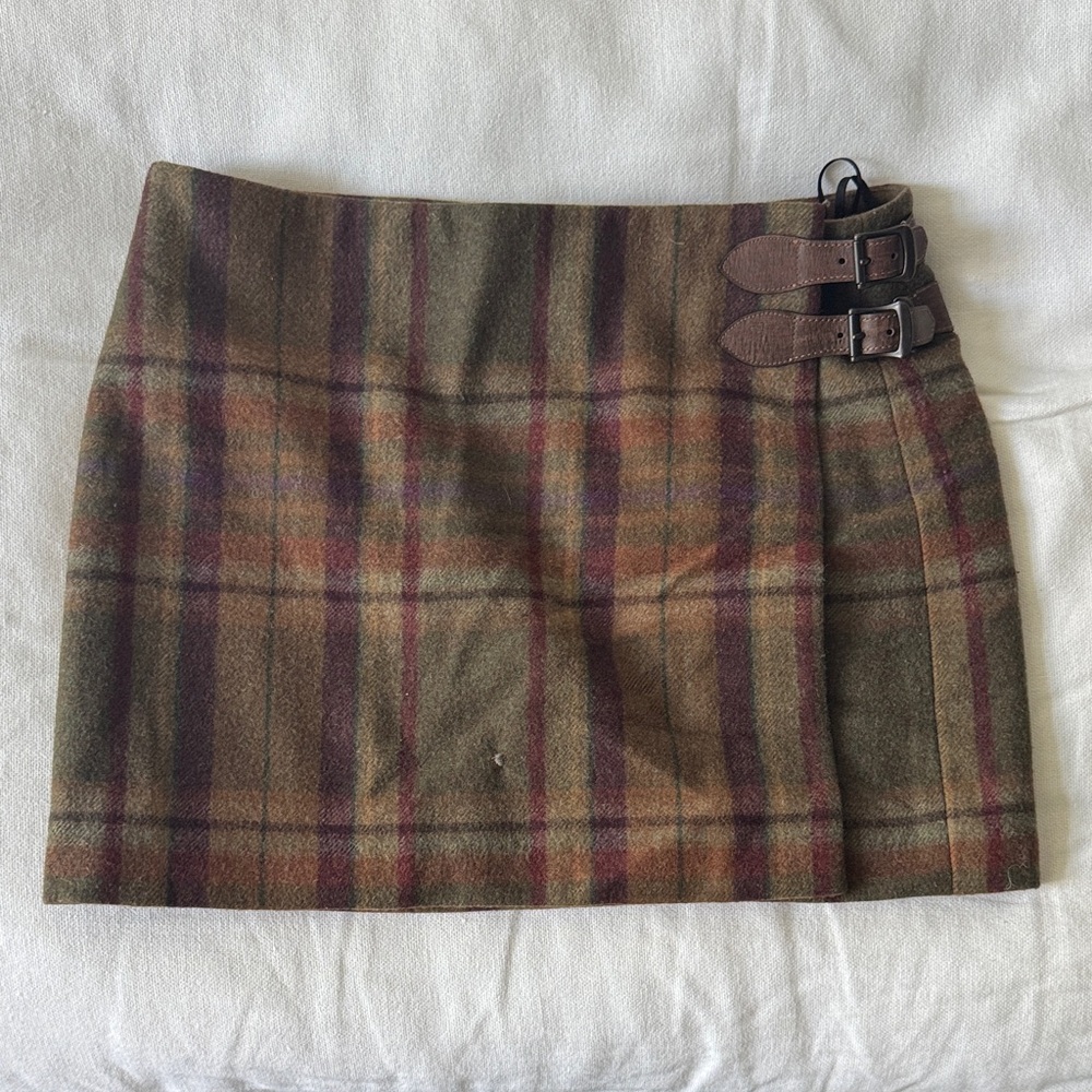 Vintage Ralph Lauren Brown Plaid Wool Wrap Mini Skirt with Leather Buckles